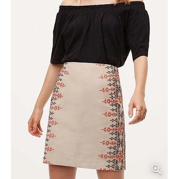 Ann Taylor Loft Tan Embroidered Aztec Boho Linen Skirt women’s size 4 - Picture 1 of 9